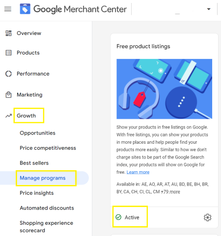 Screenshot showig how to activate free product listings in Google Merchant Center