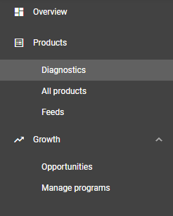 Merchant Center diagnostics tab