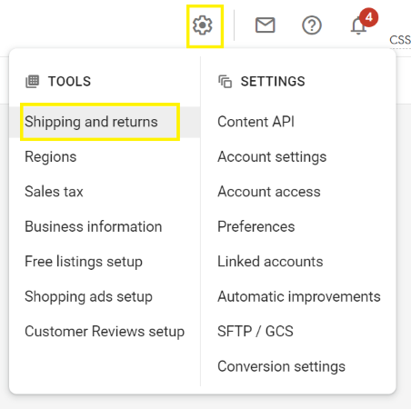 How to find shipping and returns policy settings in merchant center